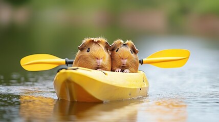 Two capybaras kayaking together on a peaceful lake in a vibrant yellow kayak.
