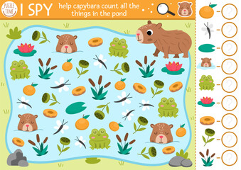 Capybara I spy game for kids. Searching and counting activity with cute animals in the pond or lake. Capibara printable worksheet for preschool children. Simple spotting puzzle with frog