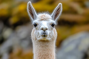Obraz premium A close-up of a llama standing near the ruins of Machu Picchu, with breathtaking mountain views in the background