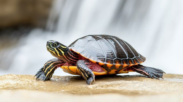 A turtle rests on a rock near a waterfall, displaying vibrant shell colors and serene surroundings.
