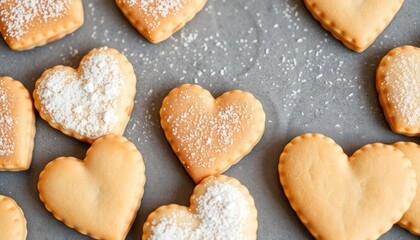 Heart-shaped cookies dusted with powdered sugar on a baking sheet