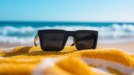 Black Sunglasses Resting On A Yellow Beach Towel