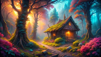 Fototapeta premium Surreal Cabin in a Dreamlike Forest - Mystical Fantasy Landscape