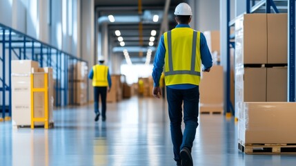 Two workers in safety vests walking in a warehouse aisle between stacked boxes.