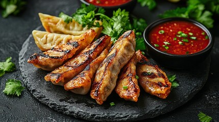 Grilled dumplings with sauce, herbs on slate, dark background.