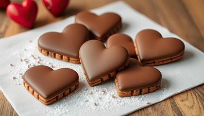 Fototapeta premium Heart-shaped chocolate cookies on white paper, wooden table background. Possible use Food photography