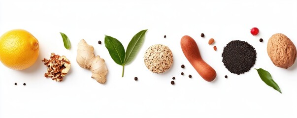 Healthy Ingredients Arranged In A Row On White Background