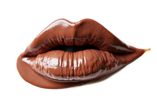 Drops of liquid lipstick in a trendy mocha mousse shade on a woman's lips.