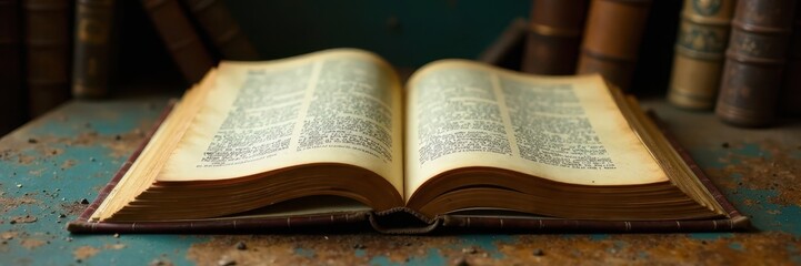 Obraz premium Old book lying open on a dusty desk with yellowed paper, vintage decor, old library