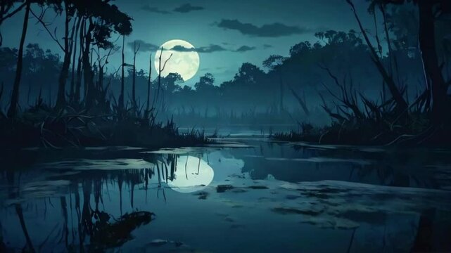 A shadowy swamp mist rises water. moonlight reflects eerily surface, shadowy figures glide beneath murky depths, 2D flat anime style illustration, 4k landscape animation video