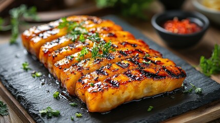 Grilled fish fillets on slate, kitchen setting, herbs, sauce.