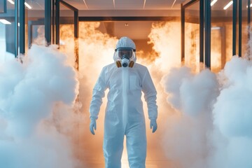 Obraz premium A disinfection tunnel set up at the entrance of a building, with people walking through clouds of disinfectant mist