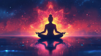 serene individual meditating in cosmic environment, surrounded by vibrant colors and glowing mandala. peaceful atmosphere evokes sense of tranquility and mindfulness
