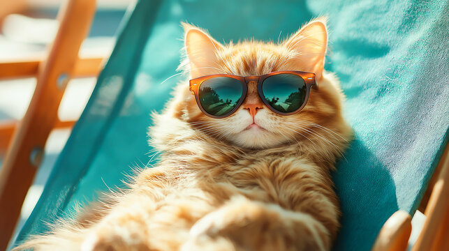 A funny fluffy cat wearing sunglasses while reclining on a beach chair on sunny day