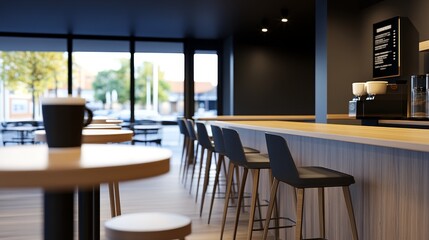 Fototapeta premium A modern cafe interior featuring a bar, seating, and a coffee machine.