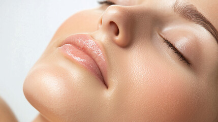 glowing face highlighted by natural light, showcasing smooth skin and soft features, evokes sense of tranquility and beauty