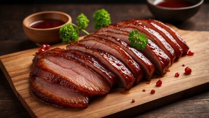 Deliciously sliced roasted duck on wooden board with sauce and garnish