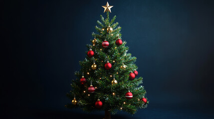 Fototapeta premium Festive Christmas tree with ornaments, ribbons, and sparkling lights