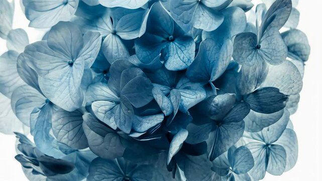 Blue hydrangea petals create a striking floral arrangement in soft tones and textures