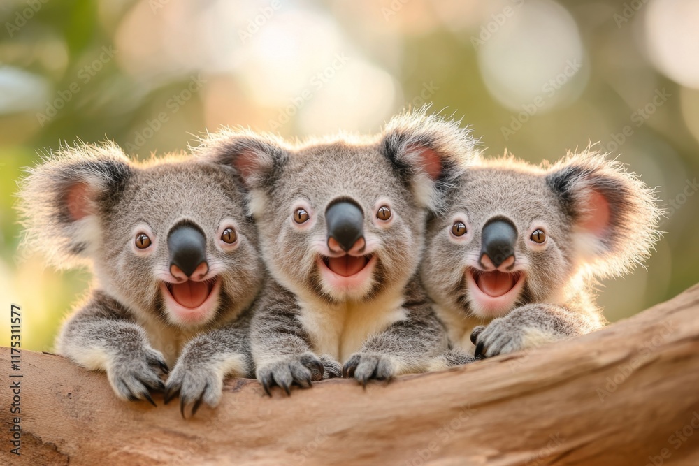Poster a family of koalas nestled together on a large tree, with soft light filtering through the surroundi