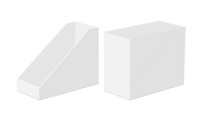 Blank Cardboard Display Show Box, Side View, Opened And Closed, Isolated On White Background. Vector Illustration