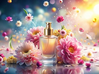 Surreal Cosmetics Bottle with Blooming Flowers on White Background - Elegant Beauty Product Photography