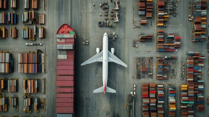 Cargo aircraft and container ship side by side in a busy industrial port, symbolizing integrated global supply chains and efficient logistics