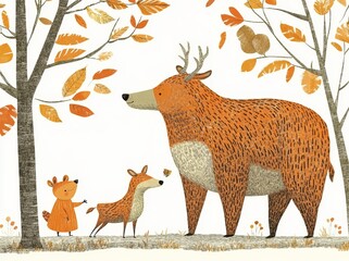 A modern portrayal of adorable woodland forest dwellers, featuring deer, rabbits, hedgehogs, bears, foxes, raccoons, birds, owls, and squirrels