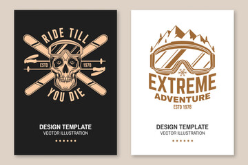 Set of ski winter sport flyer, poster, banner with ski, ski glasses, skull skeleton, ski glasses, mountain. Family vacation, activity or travel. For logo design, patches. Vector