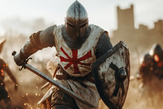 A fierce medieval knight leading a charge on a battlefield, with dust, clashing swords, and war cries echoing in the air