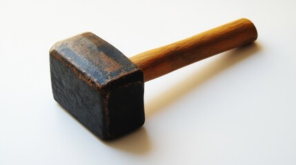 A close-up of a hammer with a polished wooden handle on a clean white background