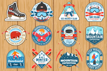Naklejka premium Set of Ice Hockey club, ski and Snowboard Club sport retro badge, patch with ski glasses, hockey player, sticker, puck, winter sport hat, ice skate, helmet, snowboarder and mountain.
