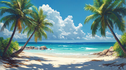 Obraz premium Sunny beach in Mexico with palm trees offering shade in the summer