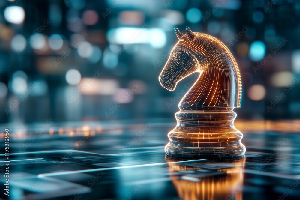 Poster a futuristic chess knight glowing with neon lines, displayed on a holographic chessboard in a high-t