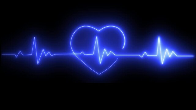 Neon Light Heartbeat Display Screen Medical Research. Cardiogram in heart shape heartbeat heat pulse glowing bule neon light Neon animation of heartbeat. Love icon animation, relationship concept. 