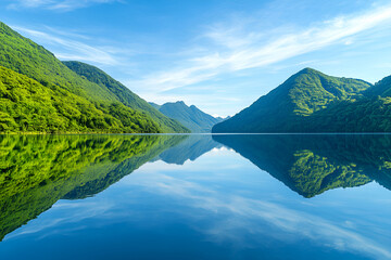 Fototapeta premium A serene lake surrounded by lush green mountains under a clear blue sky, with the lake reflecting the entire landscape perfectly, hint of distant clouds and faint mountain peaks