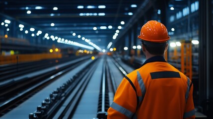 Worker in safety gear observing railway tracks in a dimly lit industrial environment.