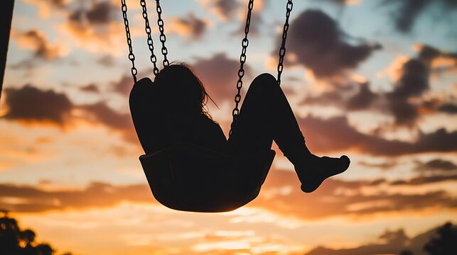 A child is swinging on a swing in the evening