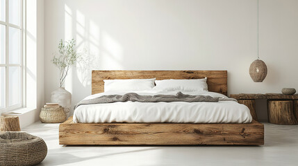 Stylish modern bedroom featuring a rustic wooden bed against a blank white wall