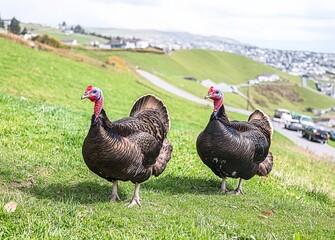 Fototapeta premium You're shooting outdoors, with a male and female Turkey, a couple of home birds on the farm
