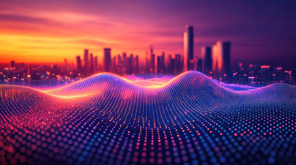 Big data technology represented by connected dots and flowing wave lines
