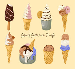 Delicious Ice Cream in a cone, bucket, and on a stick. Creamy Gelato in pastel colors. Summer dessert. Vector.
