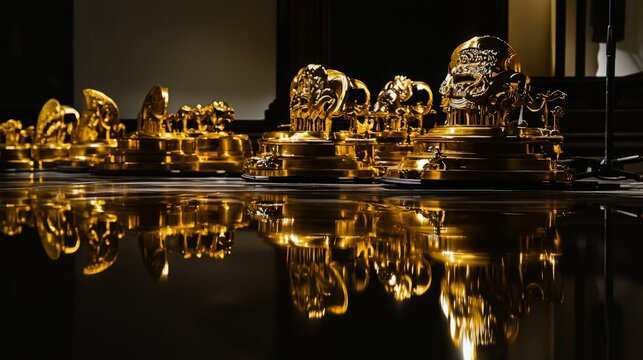 Golden animal sculptures reflect, museum interior.