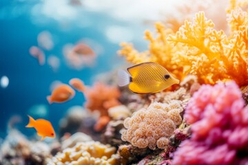Obraz premium A group of tourists snorkeling near Krabi coral reefs, with vibrant marine life creating a colorful underwater view
