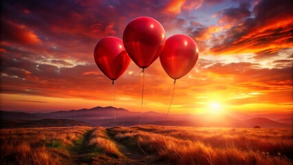 Fototapeta premium Surreal Double Exposure: Three Red Balloons Floating Against a Crimson Sky