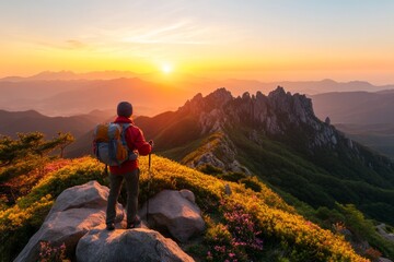 Fototapeta premium A hiker standing on a rocky peak of Seoraksan National Park, with breathtaking mountain views stretching into the distance