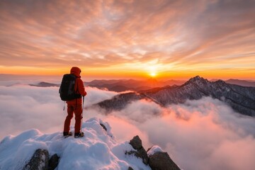 Fototapeta premium A hiker standing on a rocky peak of Seoraksan National Park, with breathtaking mountain views stretching into the distance