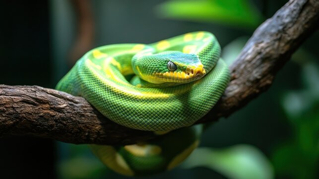 Green tree python coiled on branch.