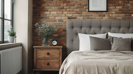 Modern loft bedroom with brown brick wall, wooden nightstand, and grey fabric headboard