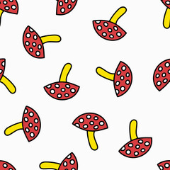 Seamless Pattern with Mushroom Fly Agaric. Red Mushroom with White Spots. Toxic Mushroom Repeating Background. Groovy Hippie 1970s. Funny Cartoon Seamless Pattern in Trendy Trippy Retro Cartoon Style